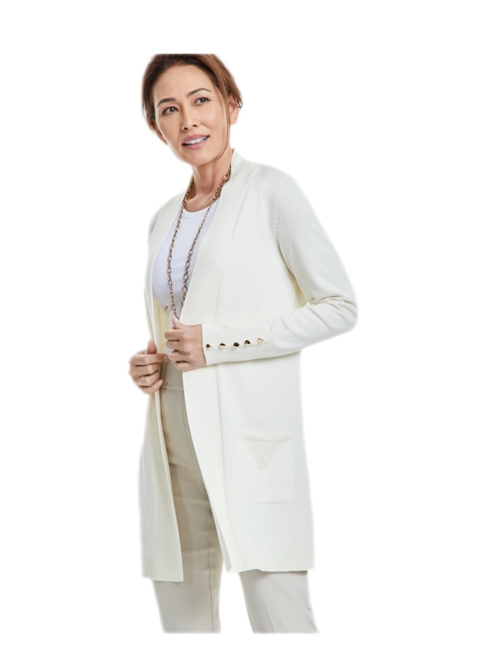 JM Collection Cream Open-Front Cardigan with Gold Buttons